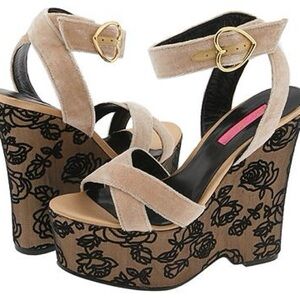 Vintage Betsey Johnson Velvet Roses Wedge Heels